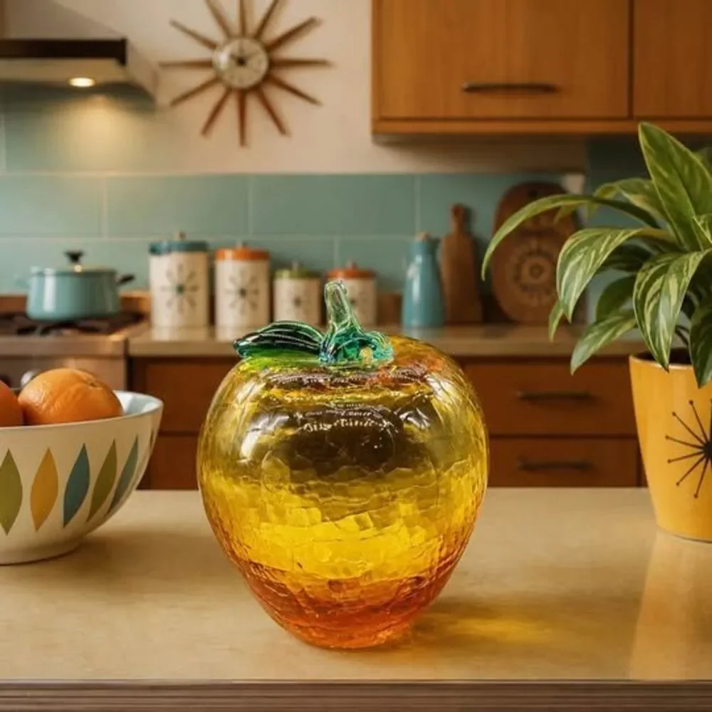 Vintage Amber Crackle Glass Apple Decor